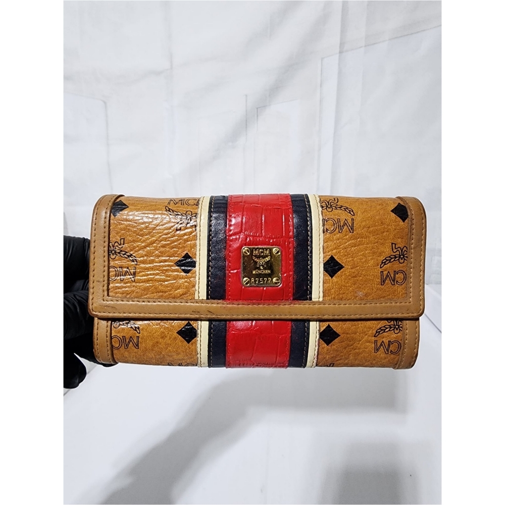 MCM Women's Tan and Red Leather Wallet
